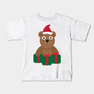 Cute Cartoon Bear with Santa Hat and Green Red Gifts Kids T-Shirt